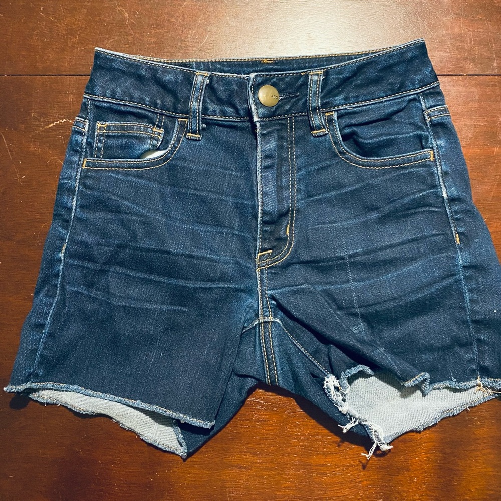 Womens American Eagle AEO Denim Hi Rise Shortie Jean Shorts Size 0 Dark Wash